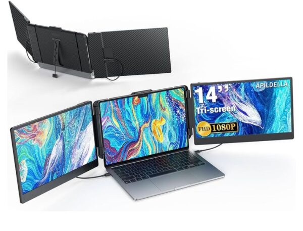 14’’ Triple Laptop Screen Extender, 1080P FHD Portable Dual Monitor for Laptop USB C HDMI, Plug-play Laptop Monitor Extender for Triple Monitor Display for Mac/Windows, Fit 13”-17.3” Laptops