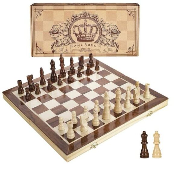 AMEROUS 15 Inches Magnetic Wooden Chess Set - 2 Extra Queens - Folding Board - Pieces Storage Slots, Handmade Portable Travel Chess Game - Beginner Chess Set for Kids, 6 up Age